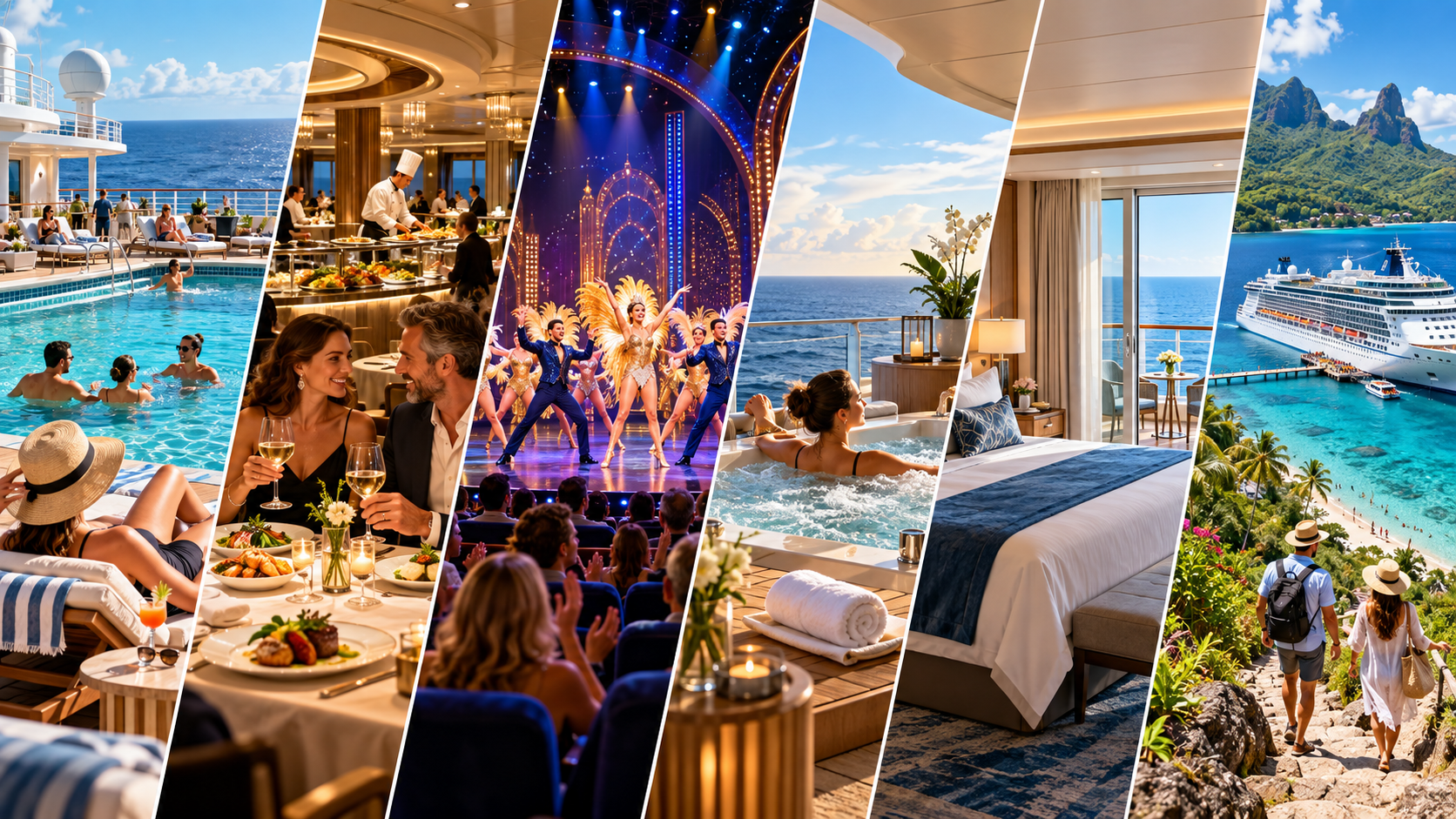 Composição de experiências em cruzeiro com piscinas, gastronomia, shows, descanso e destinos